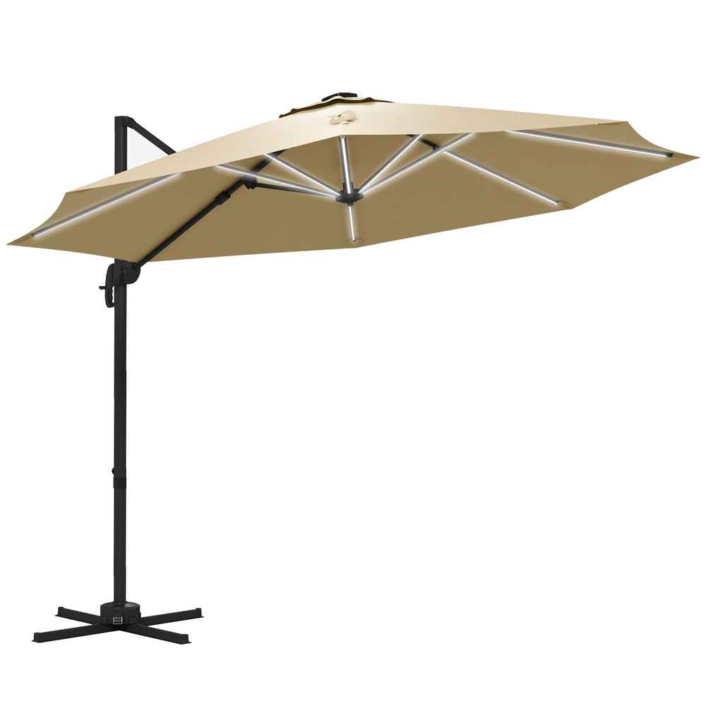 3(m) Cantilever Roma Parasol Adjustable Garden Sun Umbrella with LED Solar Light, Aluminium Frame, Tilt & Crank, UV50+, Cross Base Rotating Outdoor- Khaki