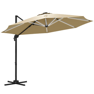 3(m) Cantilever Roma Parasol Adjustable Garden Sun Umbrella with LED Solar Light, Aluminium Frame, Tilt & Crank, UV50+, Cross Base Rotating Outdoor- Khaki