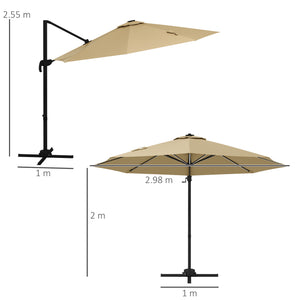 3(m) Cantilever Roma Parasol Adjustable Garden Sun Umbrella with LED Solar Light, Aluminium Frame, Tilt & Crank, UV50+, Cross Base Rotating Outdoor- Khaki