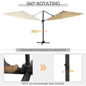 3(m) Cantilever Roma Parasol Adjustable Garden Sun Umbrella with LED Solar Light, Aluminium Frame, Tilt & Crank, UV50+, Cross Base Rotating Outdoor- Khaki