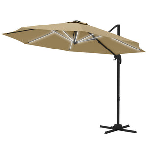 3(m) Cantilever Roma Parasol Adjustable Garden Sun Umbrella with LED Solar Light, Aluminium Frame, Tilt & Crank, UV50+, Cross Base Rotating Outdoor- Khaki