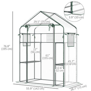 Walk-in Greenhouse with 4 Shelves, 56" x 29" x 77" Mini Greenhouse ,Roll-Up Door, Mesh Windows for Seedling, Flowers, Plant Growing, Clear
