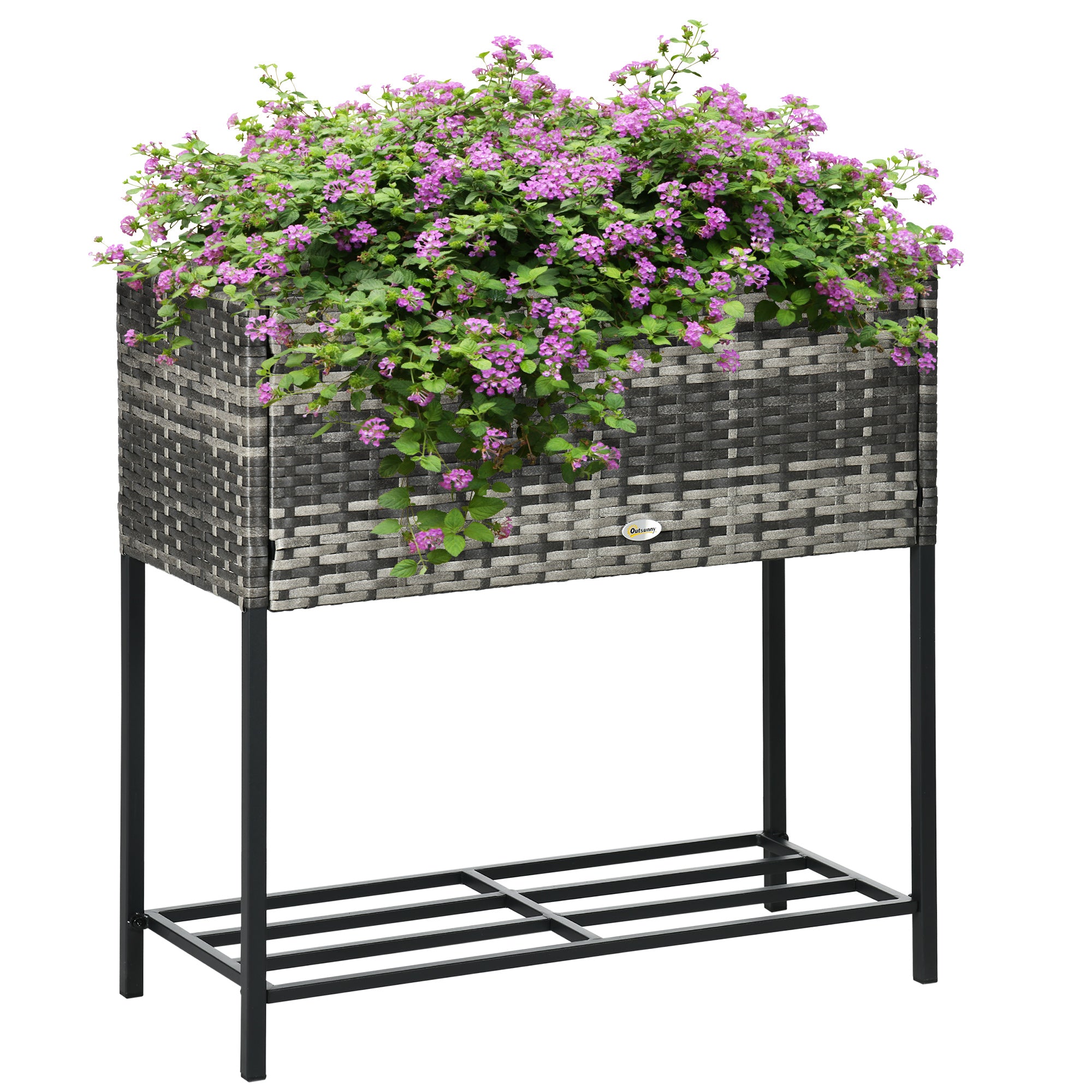 woven planter box Outsunny Raised Garden Bed Elevated Planter Box with Rattan Wicker Look Tool Storage Shelf Portable Design for Herbs Vegetables Flowers Gray