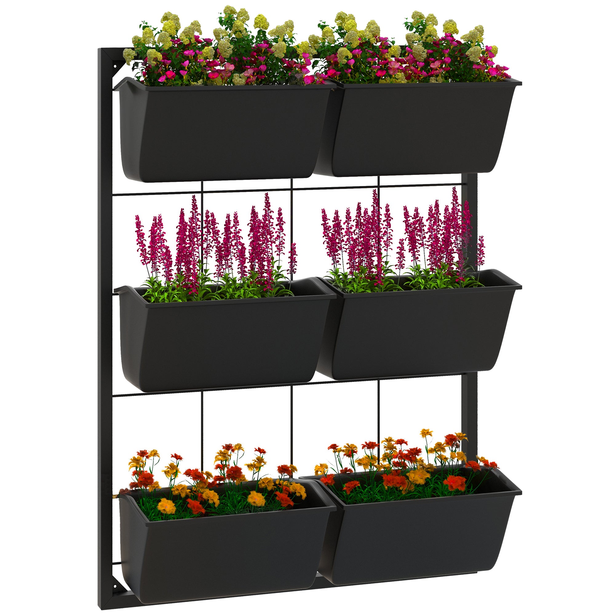 outdoor hanging herb planter Outsunny Wall Planter with 6 Pots, 3-Tier Design, Black, Ideal for Flowers and Vegetables, Enhances Garden Space