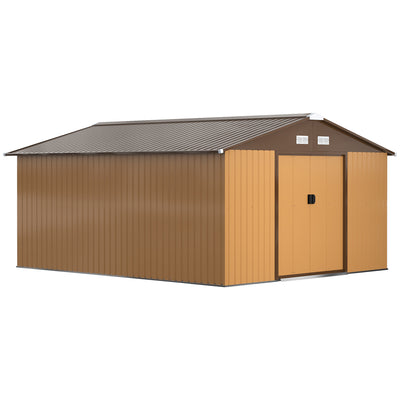 11' x 13' Garden Storage Shed with Foundation Kit, Metal Tool Storage House with Double Doors for Outdoor Patio Yard, Yellow