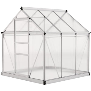 6' x 6' x 6.6' Polycarbonate Greenhouse, Walk-In Green House Kit Garden, Plants Grow, Galvanized Sheet Aluminum Frame with Rain Gutter, Vent and Sliding Door, Silver