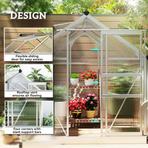 6' x 6' x 6.6' Polycarbonate Greenhouse, Walk-In Green House Kit Garden, Plants Grow, Galvanized Sheet Aluminum Frame with Rain Gutter, Vent and Sliding Door, Silver
