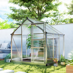 6' x 6' x 6.6' Polycarbonate Greenhouse, Walk-In Green House Kit Garden, Plants Grow, Galvanized Sheet Aluminum Frame with Rain Gutter, Vent and Sliding Door, Silver