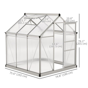 6' x 6' x 6.6' Polycarbonate Greenhouse, Walk-In Green House Kit Garden, Plants Grow, Galvanized Sheet Aluminum Frame with Rain Gutter, Vent and Sliding Door, Silver