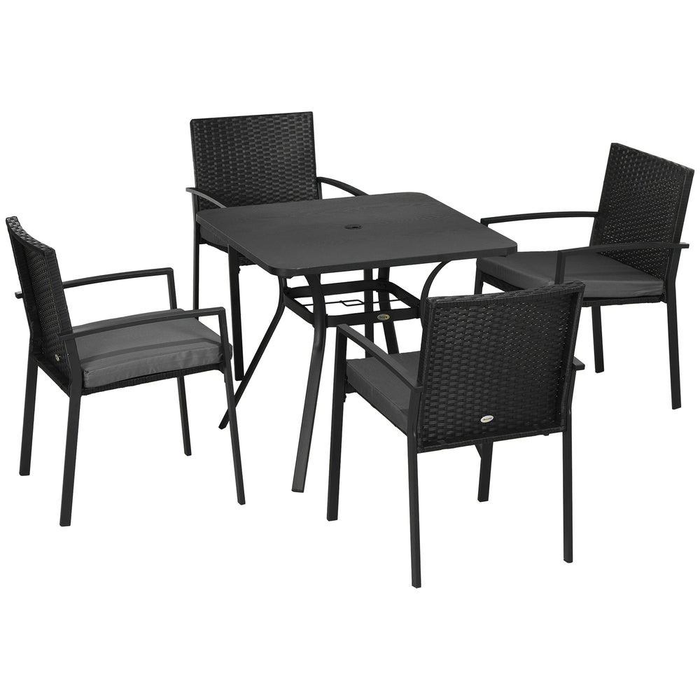 4 Seater Rattan Dining Set with Cushions, Wood Effect Metal Top Table with Umbrella Hole, PE Rattan Garden Furniture Set, Outdoor Dining Table and Chairs for Patio, Balcony, Lawn, Black