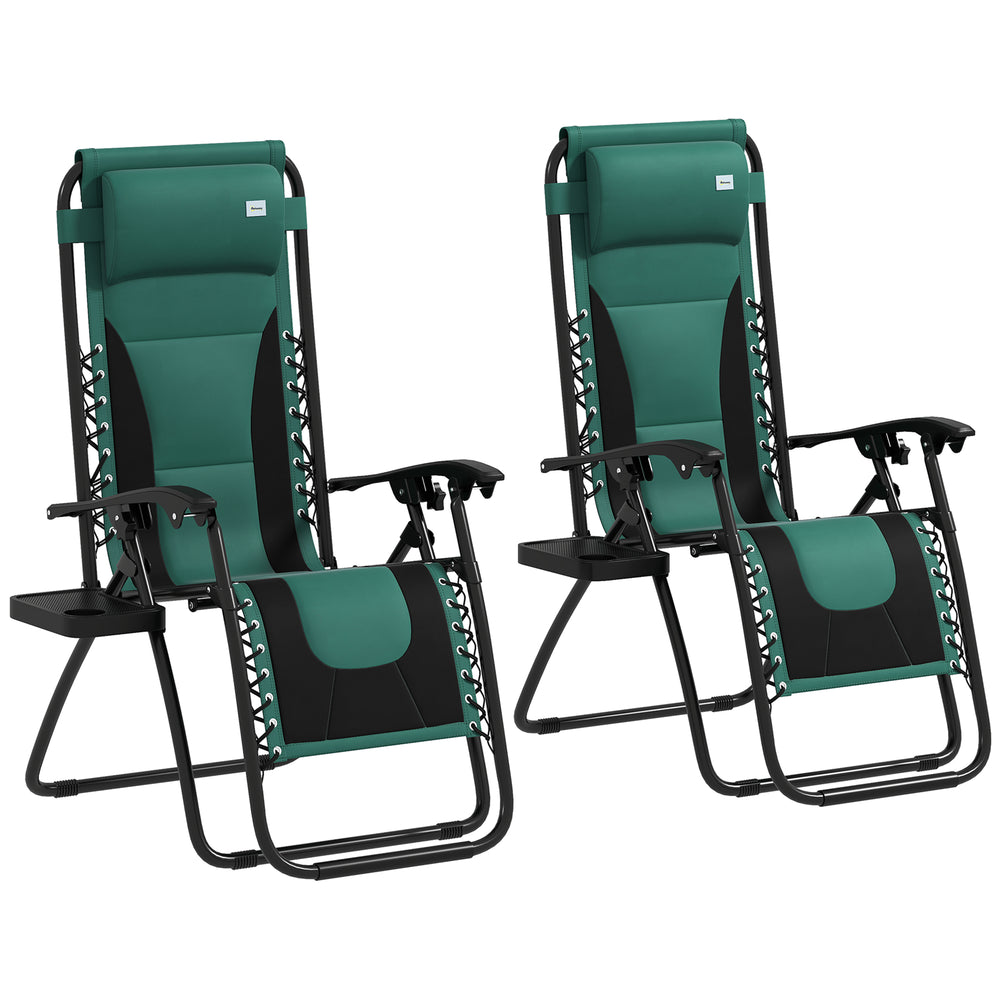 Zero Gravity Lounger Chair Set of 2, Folding Reclining Patio Chair with Padded Seat, Cup Holder, Soft Cushion and Headrest for Poolside, Camping, Green