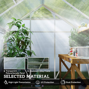 6' x 4' x 6.6' Polycarbonate Greenhouse, Walk-In Green House Kit Garden, Plants Grow, Galvanized Sheet Aluminum Frame with Rain Gutter, Vent and Sliding Door, Silver