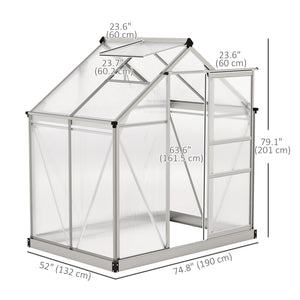 6' x 4' x 6.6' Polycarbonate Greenhouse, Walk-In Green House Kit Garden, Plants Grow, Galvanized Sheet Aluminum Frame with Rain Gutter, Vent and Sliding Door, Silver