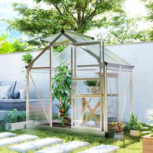 6' x 4' x 6.6' Polycarbonate Greenhouse, Walk-In Green House Kit Garden, Plants Grow, Galvanized Sheet Aluminum Frame with Rain Gutter, Vent and Sliding Door, Silver