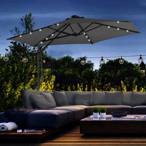 3(m) Cantilever Parasol with Solar LED and Easy Lever, Garden Parasol Umbrella with Cross Base and Waterproof Cover, Outdoor Sun Shades, Dark Grey