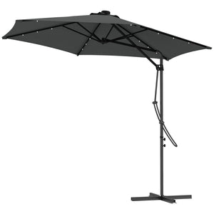 3(m) Cantilever Parasol with Solar LED and Easy Lever, Garden Parasol Umbrella with Cross Base and Waterproof Cover, Outdoor Sun Shades, Dark Grey