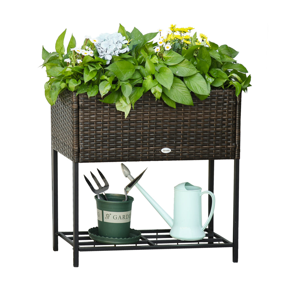 Modern Elevated Metal Raised Garden Bed with Rattan Wicker Look, Underneath Tool Storage Rack, Brown