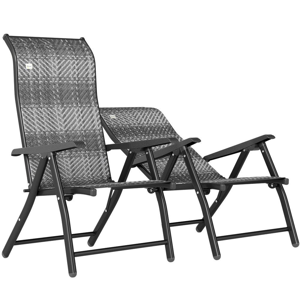 Set of 2 Outdoor Wicker Folding Chairs, Patio PE Rattan Dining Armrests Chair set with 7 Levels Adjustable Backrest, for Outdoors, Camping, Mixed Grey