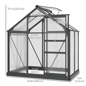 6' x 4' x 6.6' Polycarbonate Greenhouse, Walk-In Green House Kit Garden, Plants Grow, Galvanized Sheet Aluminum Frame with Rain Gutter, Vent and Sliding Door, Grey
