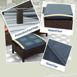 Wicker Outdoor Ottoman, 2 Pieces Outdoor Ottomans and Footstools with Removable Cushion, PE Rattan Outdoor Footstool, Footrest, Side Table for Backyard, Porch, Navy Blue