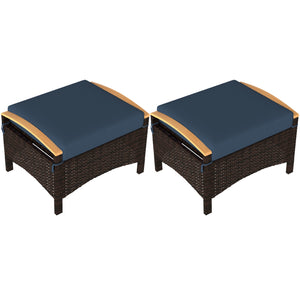 Wicker Outdoor Ottoman, 2 Pieces Outdoor Ottomans and Footstools with Removable Cushion, PE Rattan Outdoor Footstool, Footrest, Side Table for Backyard, Porch, Navy Blue