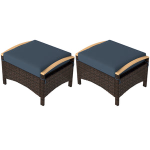 Wicker Outdoor Ottoman, 2 Pieces Outdoor Ottomans and Footstools with Removable Cushion, PE Rattan Outdoor Footstool, Footrest, Side Table for Backyard, Porch, Navy Blue