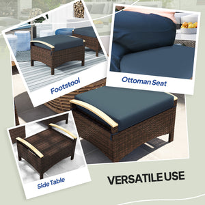 Wicker Outdoor Ottoman, 2 Pieces Outdoor Ottomans and Footstools with Removable Cushion, PE Rattan Outdoor Footstool, Footrest, Side Table for Backyard, Porch, Navy Blue
