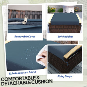 Wicker Outdoor Ottoman, 2 Pieces Outdoor Ottomans and Footstools with Removable Cushion, PE Rattan Outdoor Footstool, Footrest, Side Table for Backyard, Porch, Navy Blue