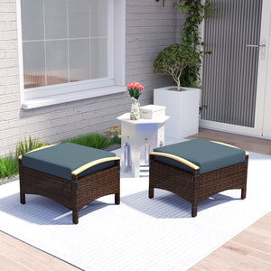 Wicker Outdoor Ottoman, 2 Pieces Outdoor Ottomans and Footstools with Removable Cushion, PE Rattan Outdoor Footstool, Footrest, Side Table for Backyard, Porch, Navy Blue