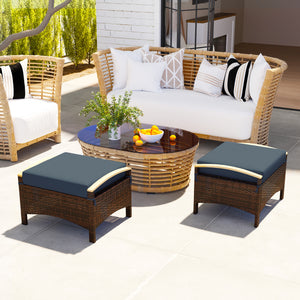 Wicker Outdoor Ottoman, 2 Pieces Outdoor Ottomans and Footstools with Removable Cushion, PE Rattan Outdoor Footstool, Footrest, Side Table for Backyard, Porch, Navy Blue