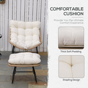 Rattan Chair with Stool, Outdoor Balcony Chair with Cushion, Adjustable Foot Pads for Patio, Garden, Backyard, Natural