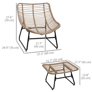 Rattan Chair with Stool, Outdoor Balcony Chair with Cushion, Adjustable Foot Pads for Patio, Garden, Backyard, Natural