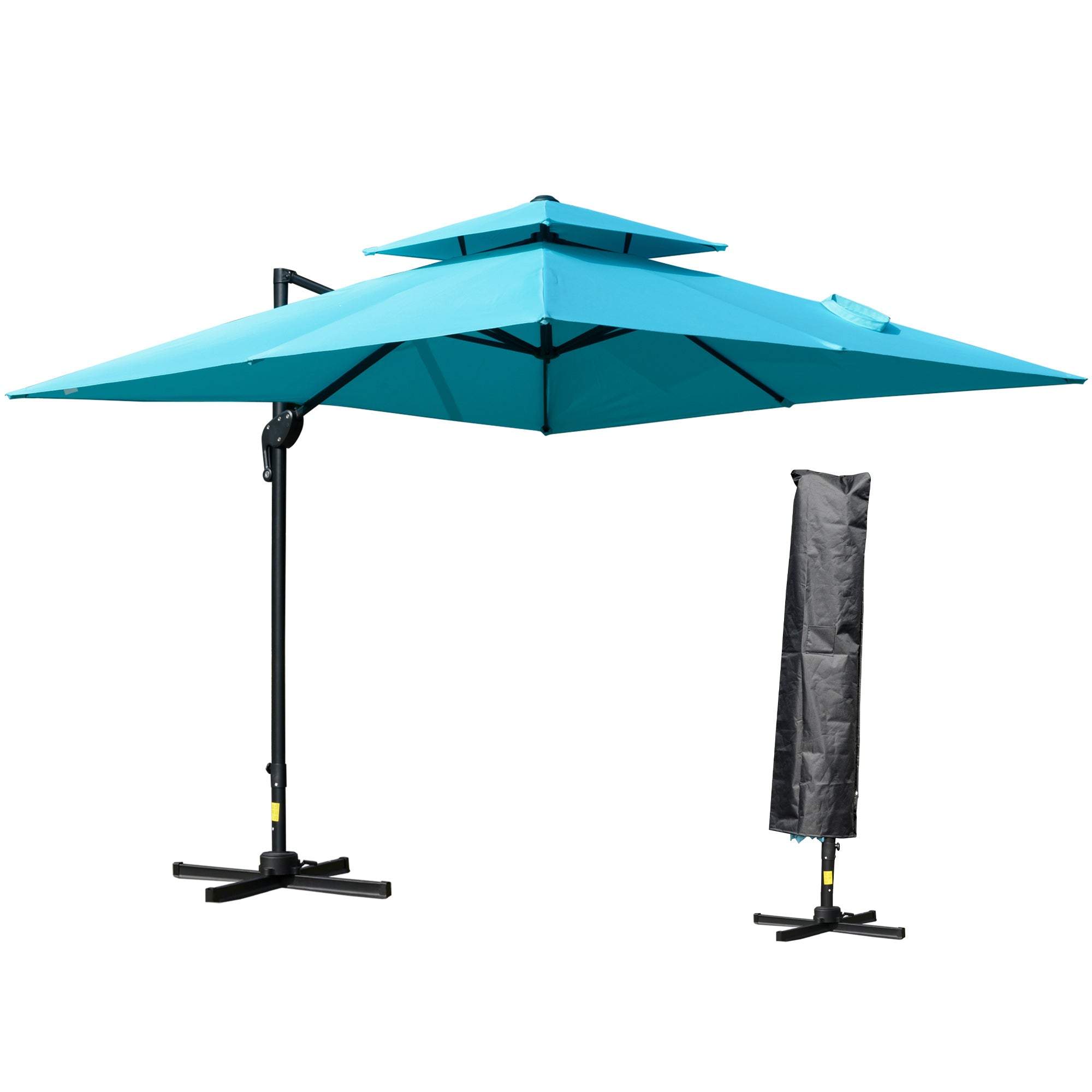 blue square patio umbrella canvas offset Outsunny 10' x 10' Double Top Square Offset Umbrella with Umbrella Cover, Light Blue