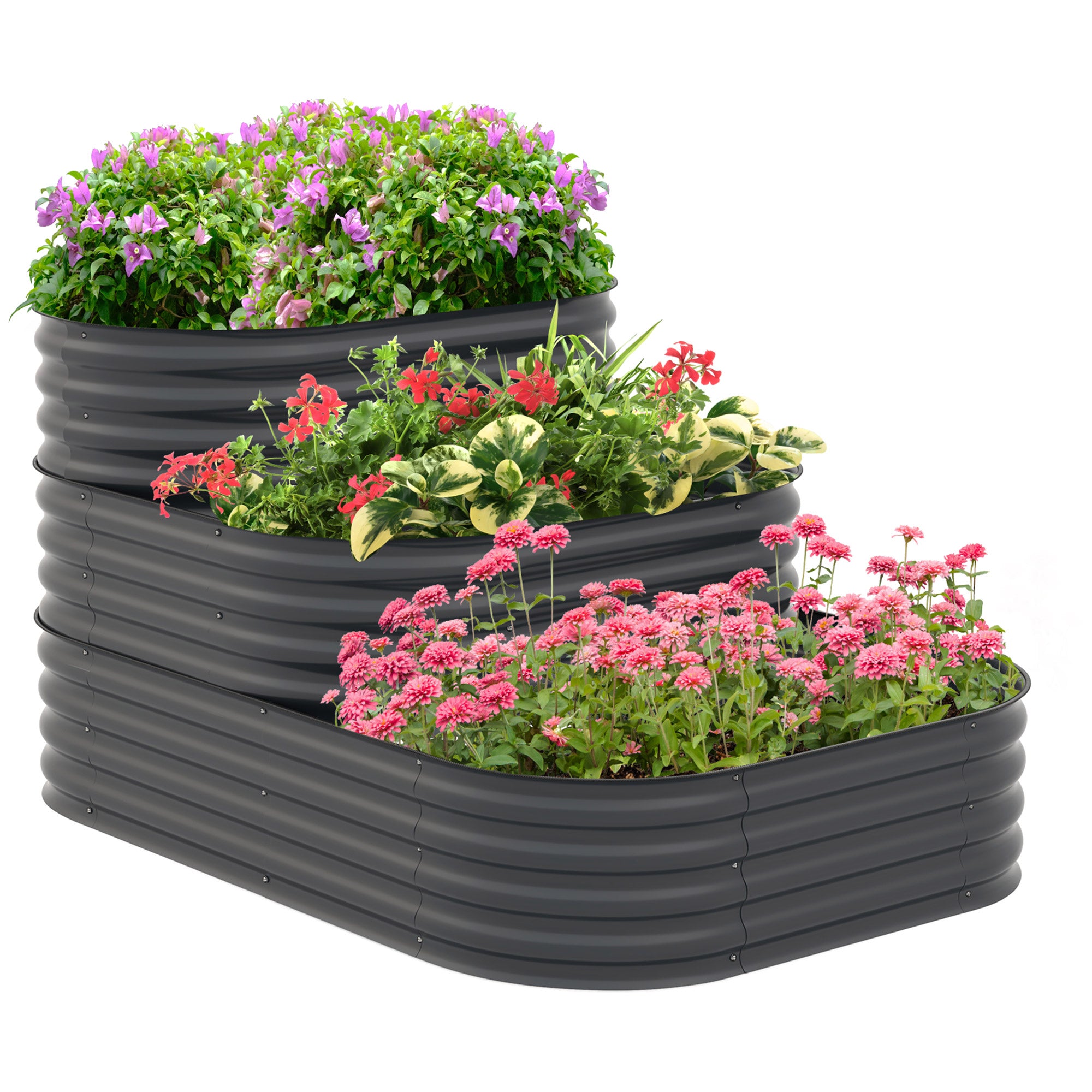 Kit de jardinière surélevée à 3 niveaux Outsunnny, bac à fleurs galvanisé d' extérieur de 15,85 x 110 x 82 cm avec bordure de sécurité, pour légumes,  fleurs, fruits et herbes aromatiques, gris foncé