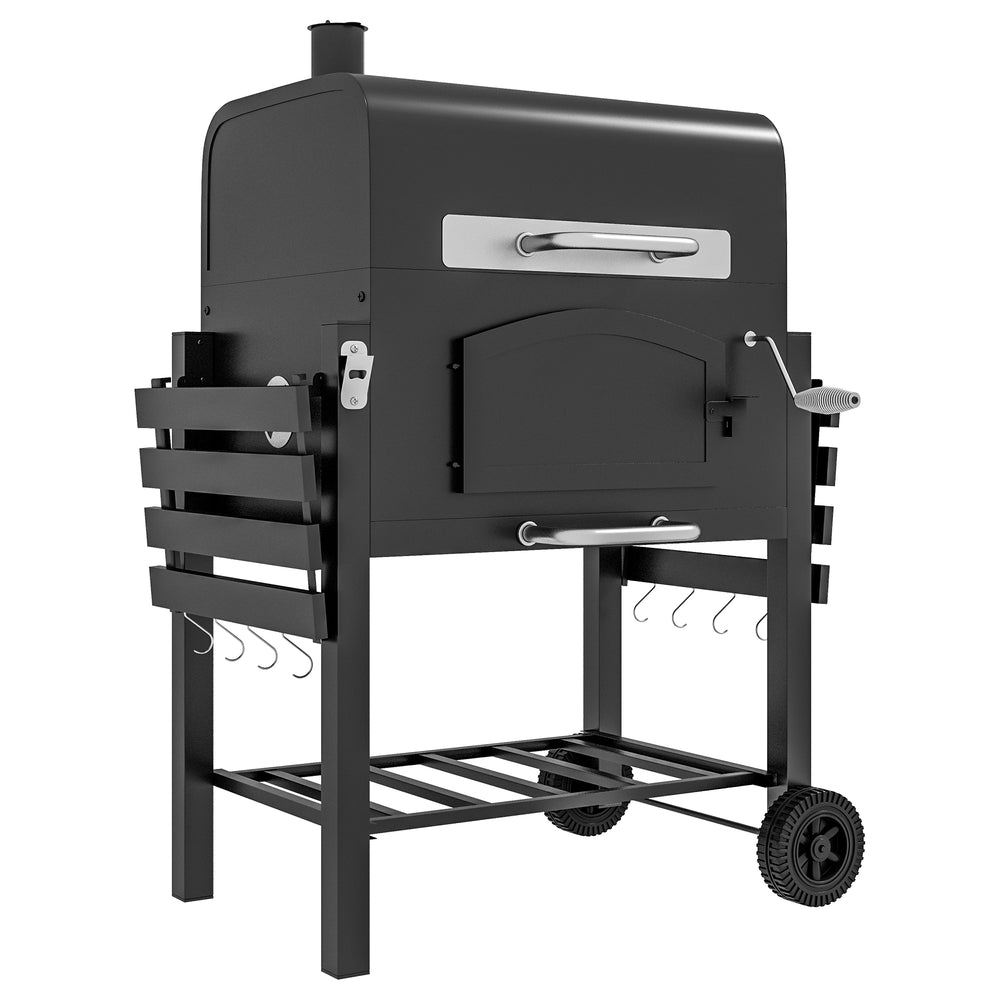 Charcoal Grill BBQ Trolley with Adjustable Charcoal Height, Charcoal Stove for Pot, Garden Smoker Barbecue with Folding Shelves, Thermometer on Lid, Bottle Opener and Wheels
