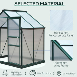 6' x 4' x 6.6' Polycarbonate Greenhouse, Walk-In Green House Kit Garden, Plants Grow, Galvanized Sheet Aluminum Frame with Rain Gutter, Vent and Sliding Door, Green