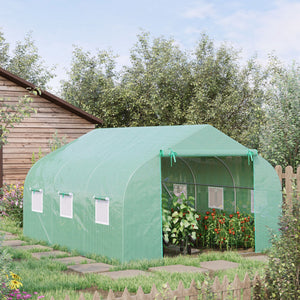 10' x 11' x 7' Walk-in Greenhouse Outdoor Plant Tunnel Warm Hot House w/ Roll Up Door and 6 Mesh Windows, Steel Frame, Green
