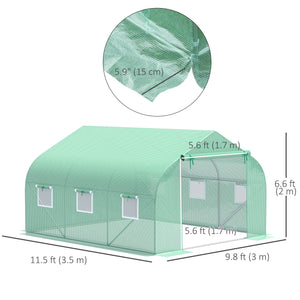 10' x 11' x 7' Walk-in Greenhouse Outdoor Plant Tunnel Warm Hot House w/ Roll Up Door and 6 Mesh Windows, Steel Frame, Green