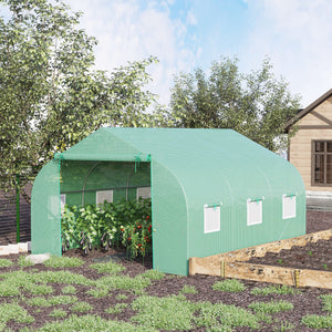 10' x 11' x 7' Walk-in Greenhouse Outdoor Plant Tunnel Warm Hot House w/ Roll Up Door and 6 Mesh Windows, Steel Frame, Green