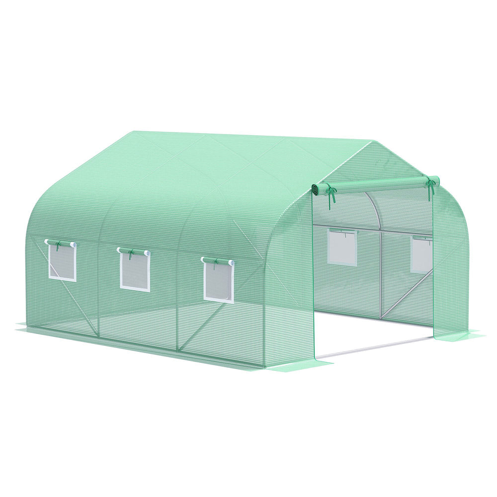 10' x 11' x 7' Walk-in Greenhouse Outdoor Plant Tunnel Warm Hot House w/ Roll Up Door and 6 Mesh Windows, Steel Frame, Green