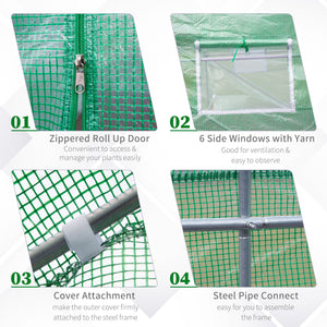 10' x 11' x 7' Walk-in Greenhouse Outdoor Plant Tunnel Warm Hot House w/ Roll Up Door and 6 Mesh Windows, Steel Frame, Green