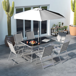 8 Piece Patio Dining Set for 6 with Umbrella, Outdoor Table and Chairs with 6 Folding Chairs with Mesh Seat and Rectangle Dining Table with Umbrella Hole, Grey