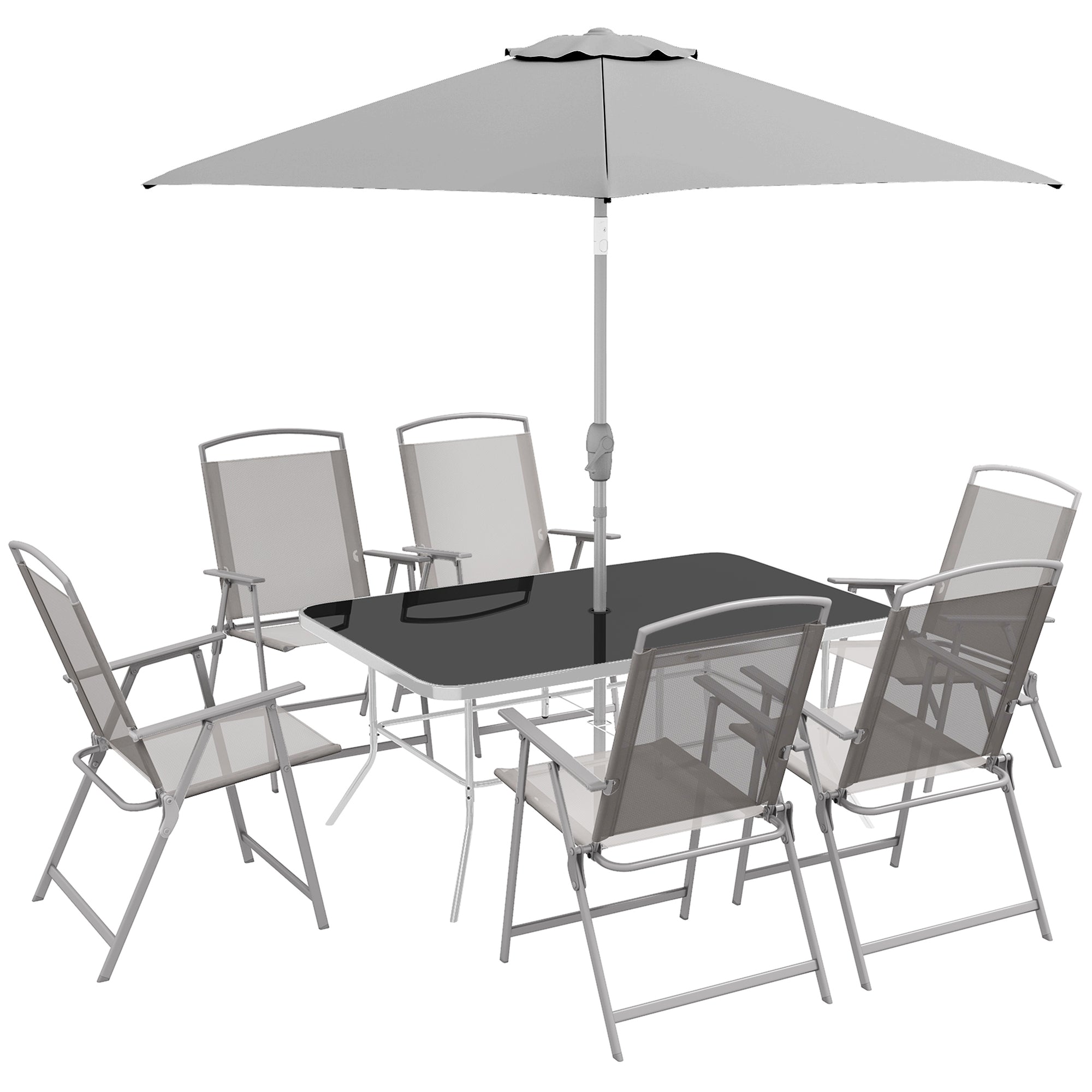 6 seat patio set with umbrella Outsunny 8 Piece Patio Set with Umbrella, Outdoor Dining Table & 6 Folding  Chairs w/ Mesh Seat, Grey