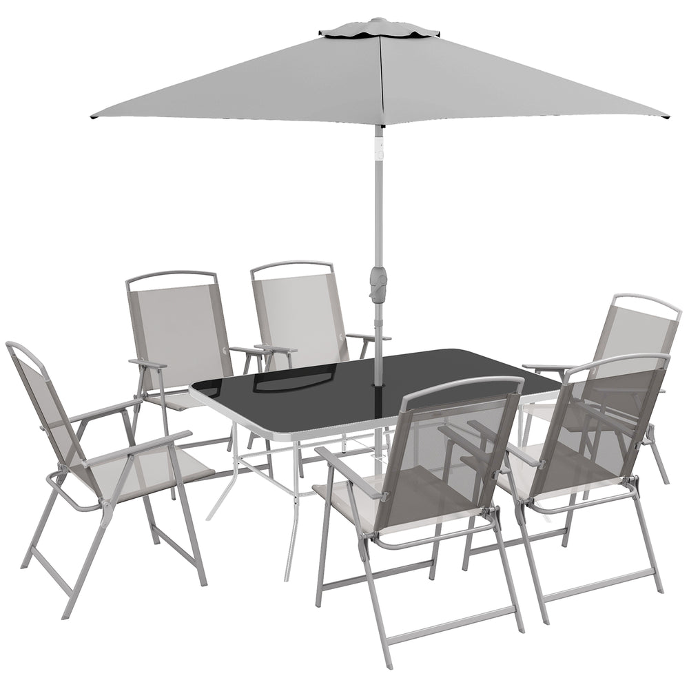 8 Piece Patio Dining Set for 6 with Umbrella, Outdoor Table and Chairs with 6 Folding Chairs with Mesh Seat and Rectangle Dining Table with Umbrella Hole, Grey