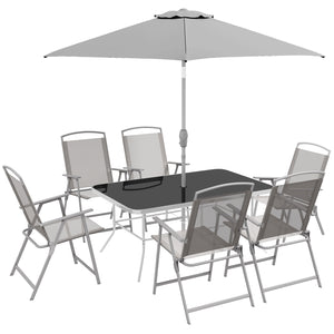 8 Piece Patio Dining Set for 6 with Umbrella, Outdoor Table and Chairs with 6 Folding Chairs with Mesh Seat and Rectangle Dining Table with Umbrella Hole, Grey