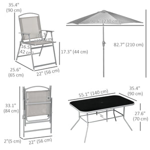 8 Piece Patio Dining Set for 6 with Umbrella, Outdoor Table and Chairs with 6 Folding Chairs with Mesh Seat and Rectangle Dining Table with Umbrella Hole, Grey