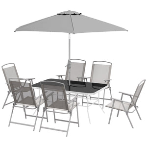 8 Piece Patio Dining Set for 6 with Umbrella, Outdoor Table and Chairs with 6 Folding Chairs with Mesh Seat and Rectangle Dining Table with Umbrella Hole, Grey