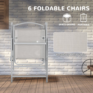 8 Piece Patio Dining Set for 6 with Umbrella, Outdoor Table and Chairs with 6 Folding Chairs with Mesh Seat and Rectangle Dining Table with Umbrella Hole, Grey