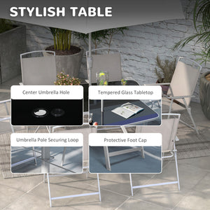 8 Piece Patio Dining Set for 6 with Umbrella, Outdoor Table and Chairs with 6 Folding Chairs with Mesh Seat and Rectangle Dining Table with Umbrella Hole, Grey