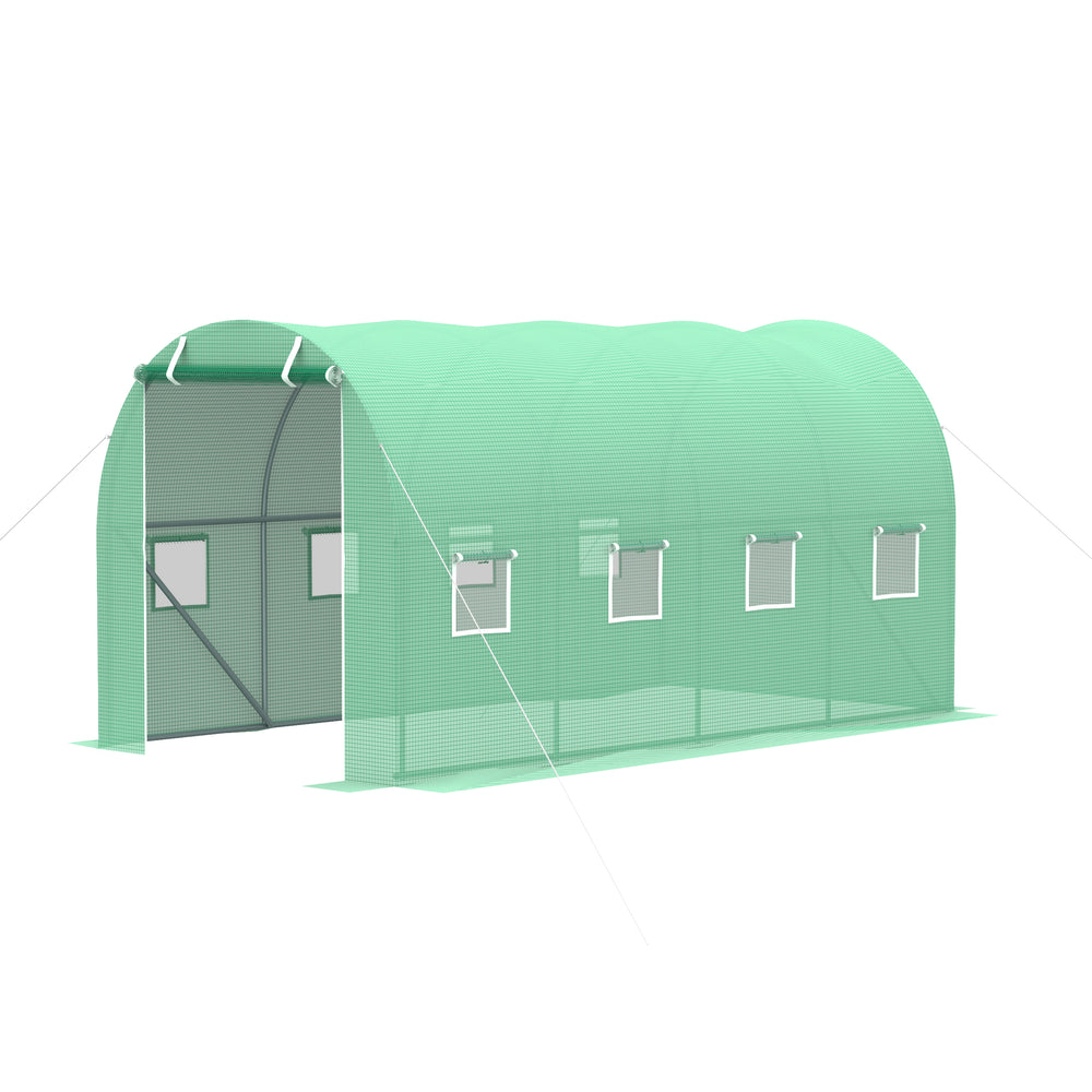 Walk-in Tunnel Greenhouse, 13 x 6.4 x 6.5 ft Hoop House with Zipped Roll-Up Door and 8 Mesh Windows, Outdoor Greenhouse with Galvanised Steel Frame, Green